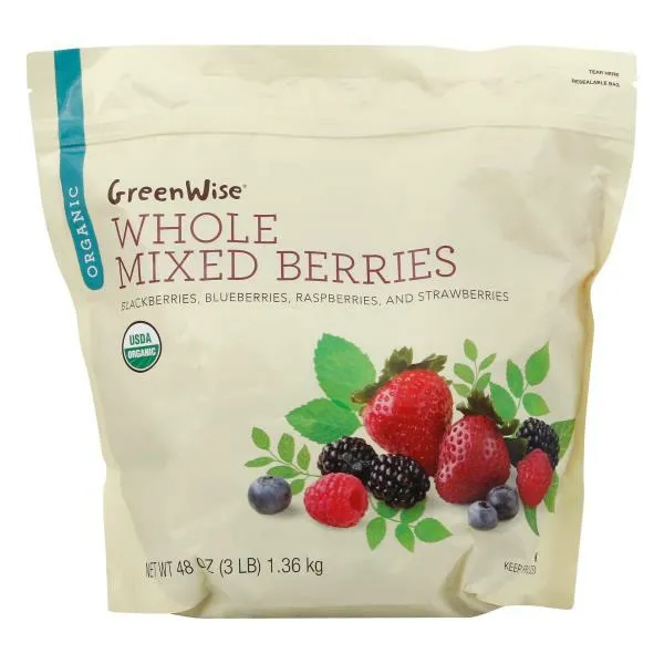 A bag of GreenWise Organic Whole Mixed Berries.