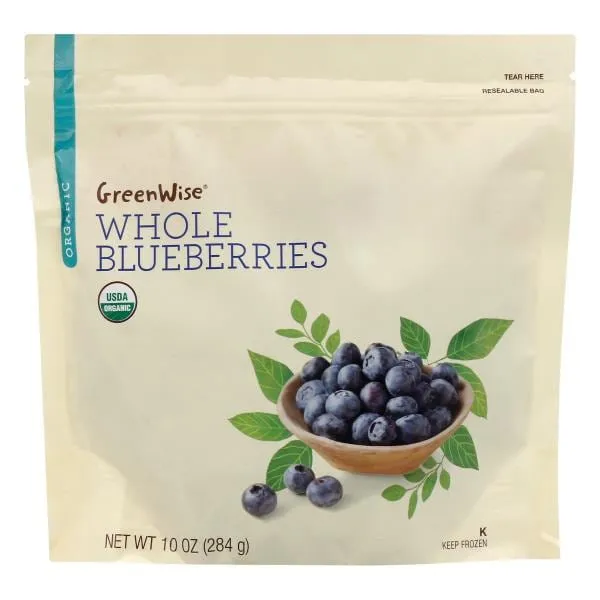 A bag of GreenWise Organic Whole Blueberries with a picture of blueberries in a bowl.
