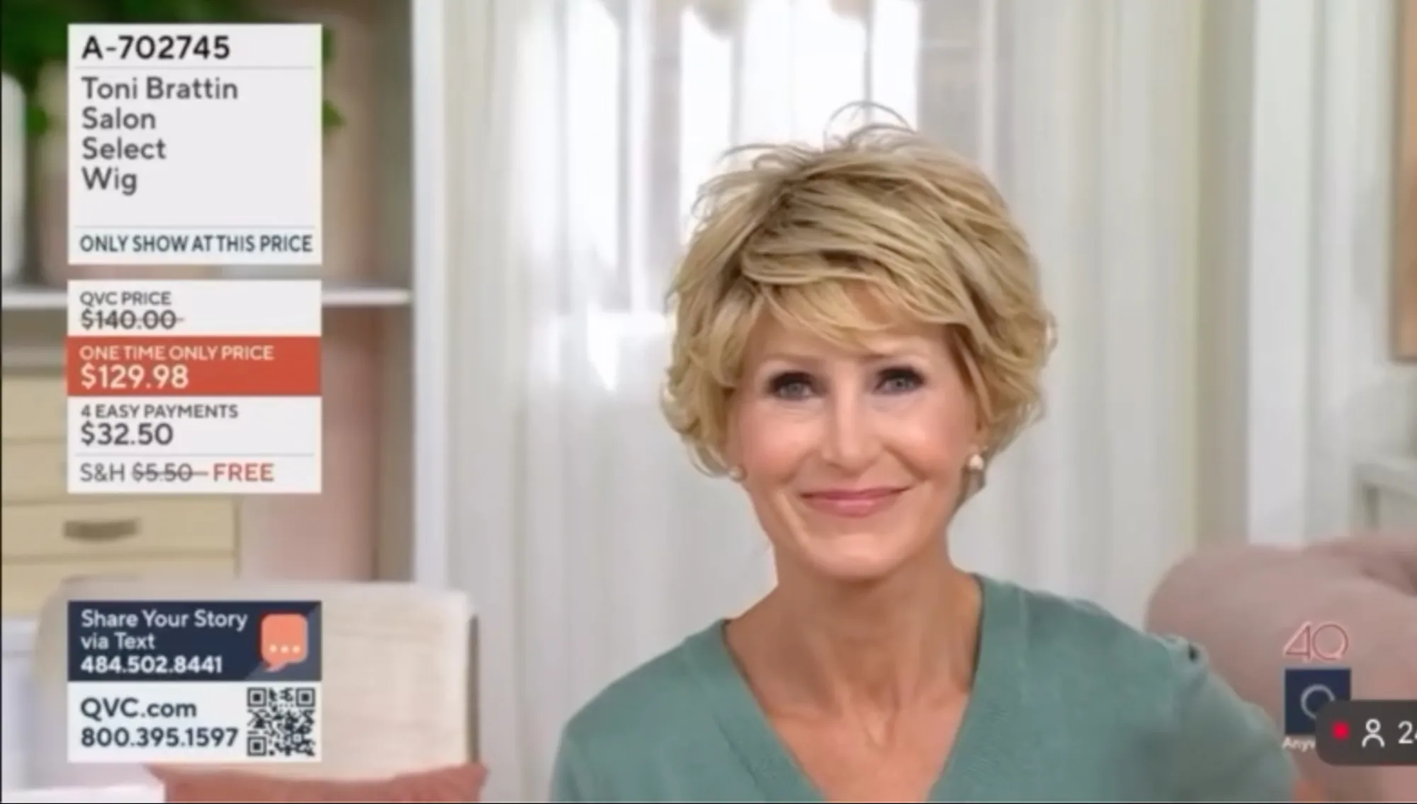 A QVC host smiles while presenting a Toni Brattin Salon Select Wig for $129.98.
