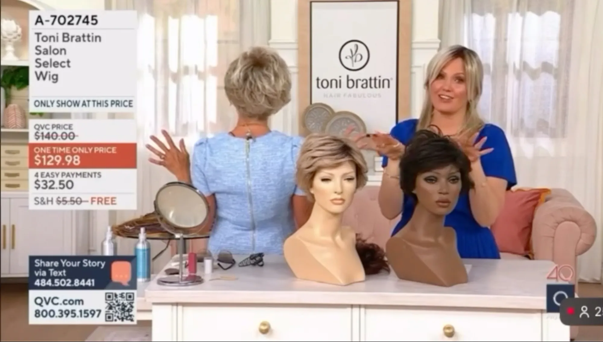 QVC host Toni Brattin presenting Toni Brattin Salon Select Wig on mannequins.