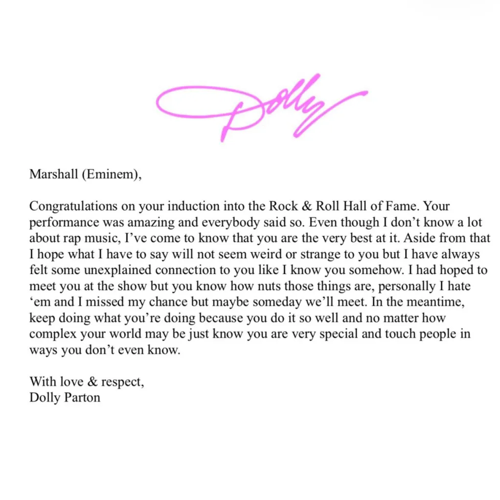 A letter from Dolly Parton to Marshall (Eminem) congratulating him on his induction into the Rock & Roll Hall of Fame.