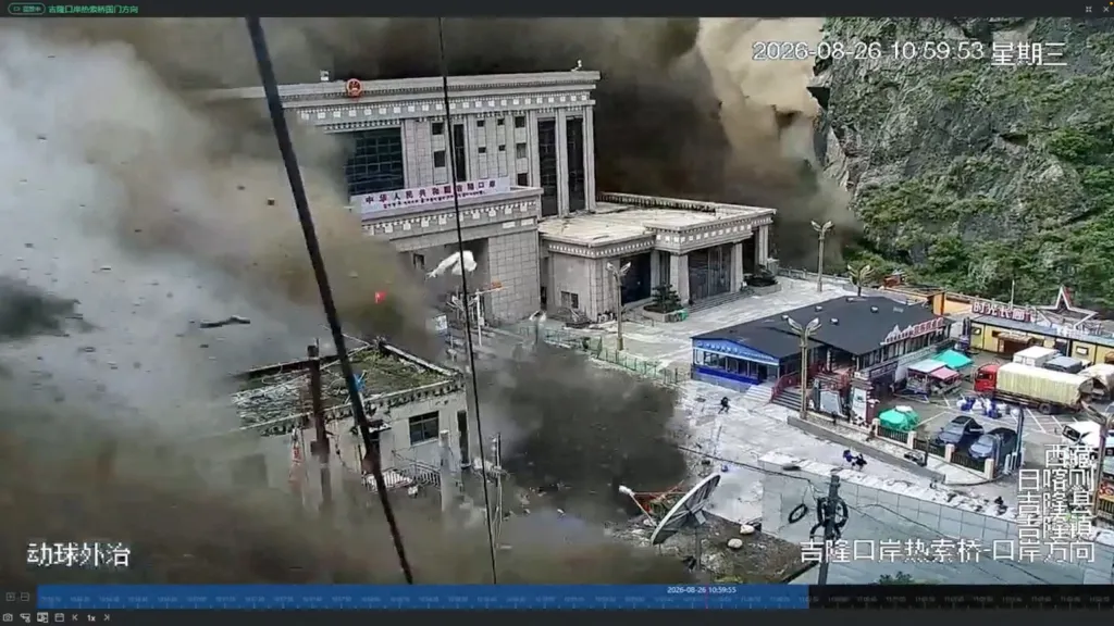 CCTV footage captures a wall of mud and water engulfing buildings and people running away in a valley at the Nepal-China border.