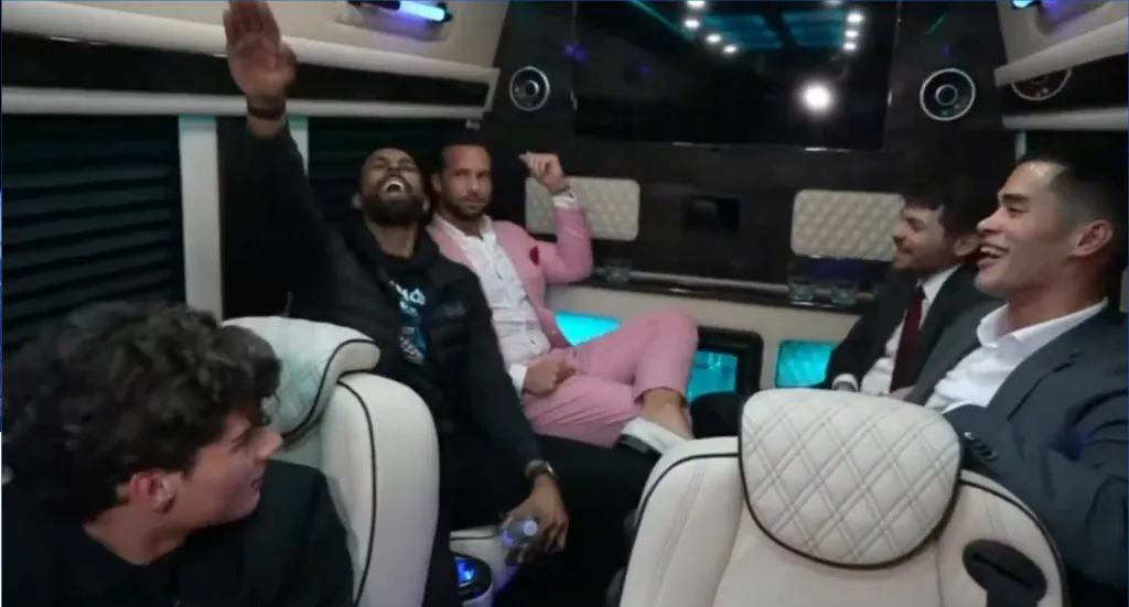 Nick Fuentes, Sneako, Tristan Tate, Clavicular, Myron and Justin Waller in a van