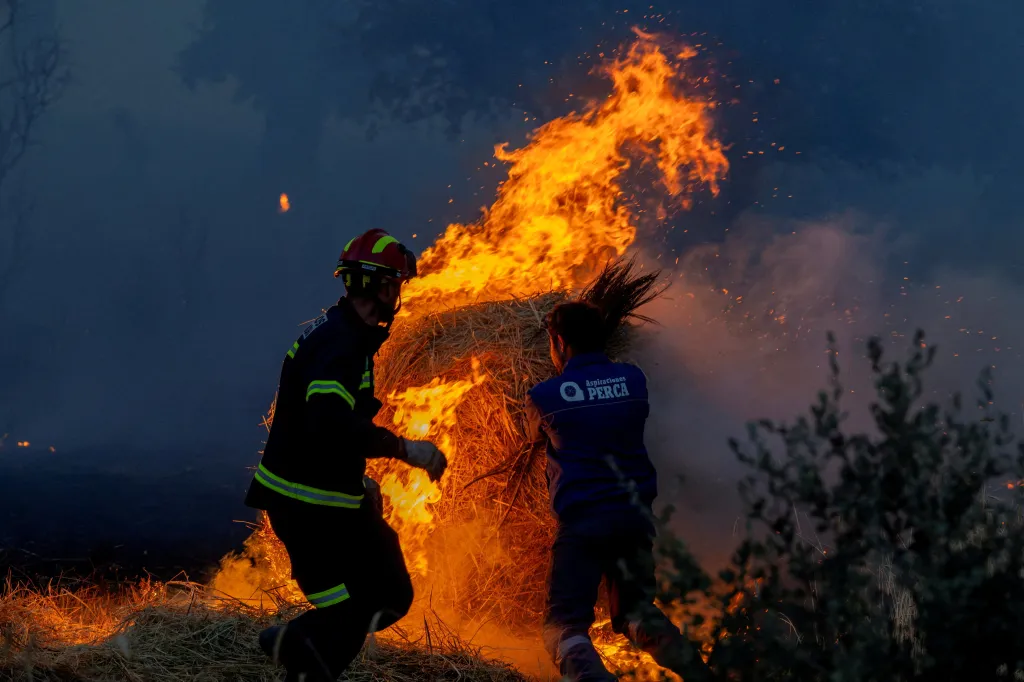 A firefighter and a resident work to extinguish a wildfire.