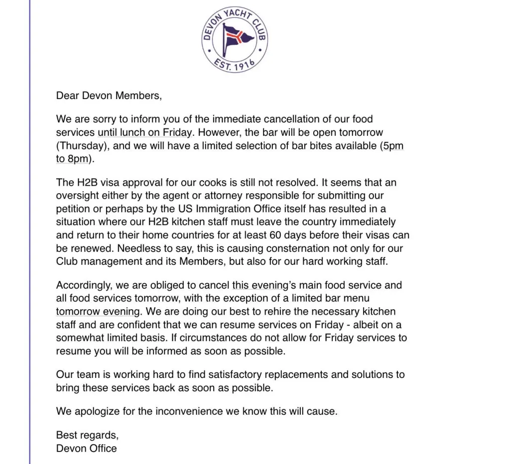 A memo from Devon Yacht Club to its members, stating food services are canceled because kitchen staff H2B visas were not resolved.