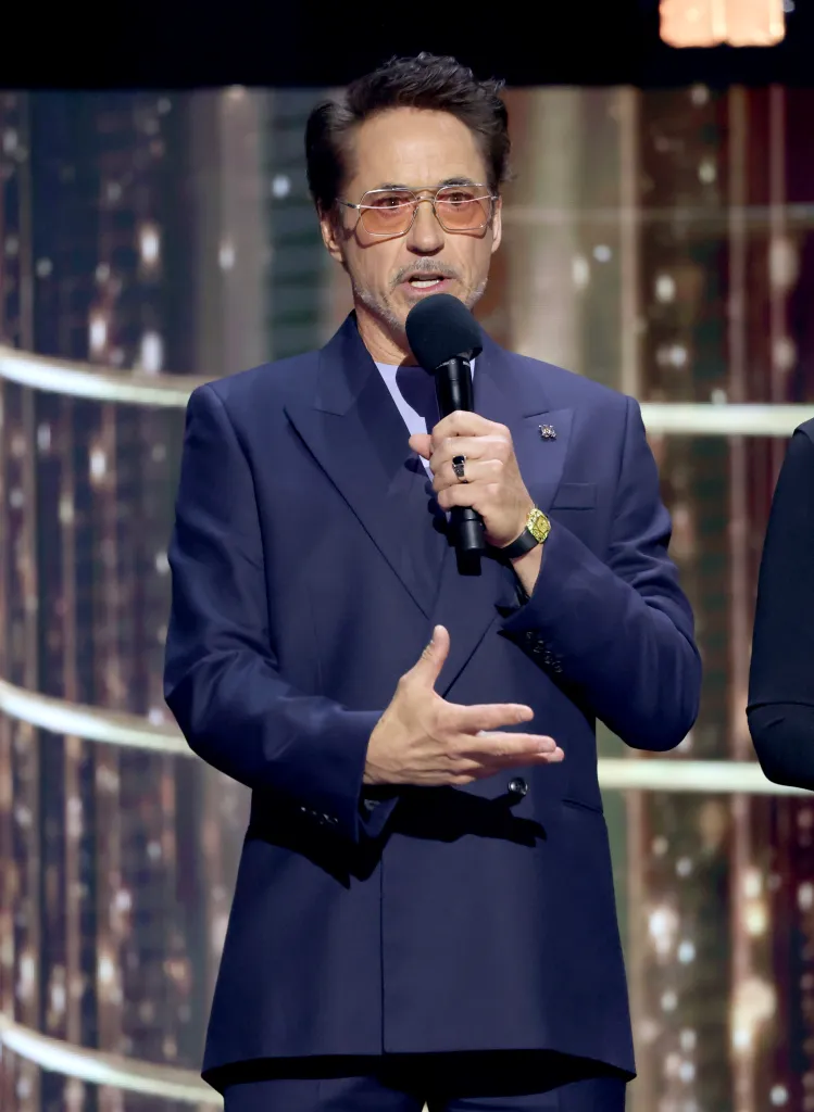 Robert Downey Jr. speaks onstage at the Disney Entertainment Showcase.