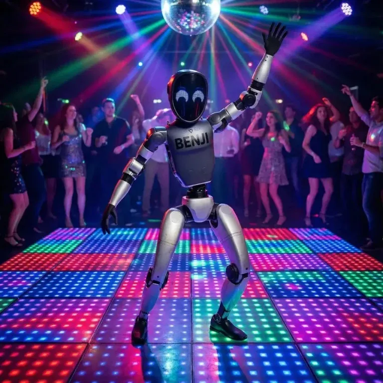 A robot on a colorful dance floor with strobe lights like Saturday Night Fever