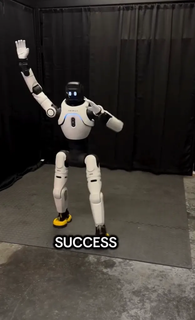 A black and white robot with its arm up with the word SUCCESS 