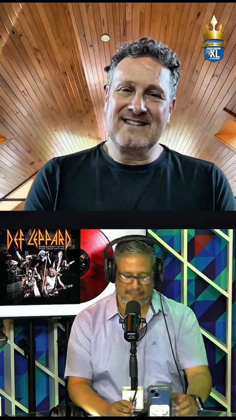 Viv Campbell of Def Leppard being interviewed on a split screen with a radio host.