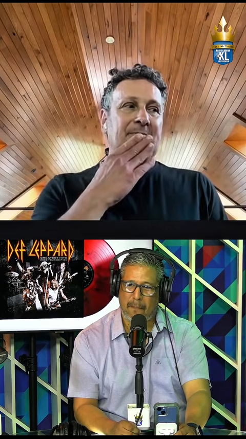 Collage of Def Leppard guitarist Viv Campbell in a video call and a man with headphones and a microphone.