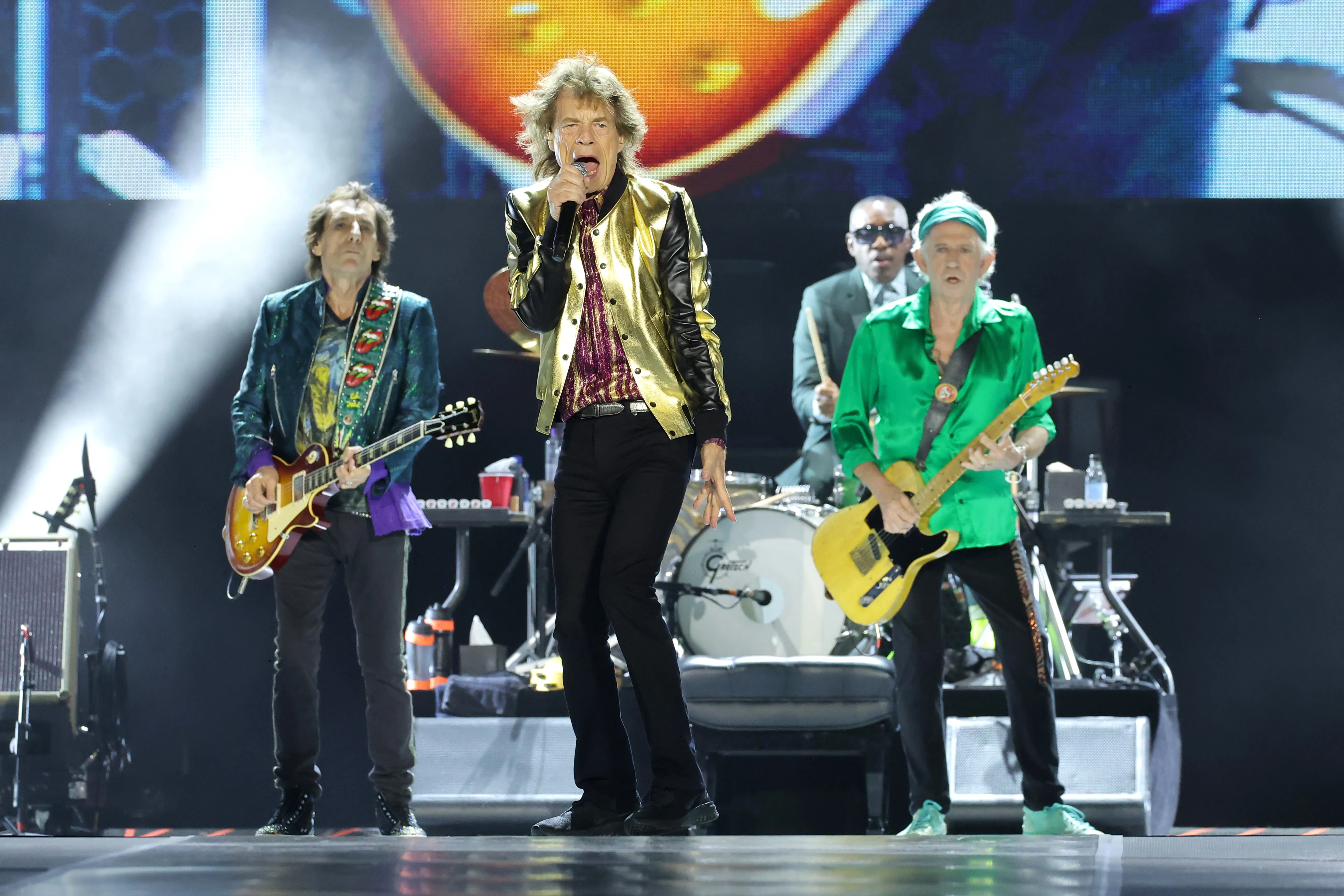 (L-R) Ronnie Wood, Mick Jagger, Steve Jordan, and Keith Richards of The Rolling Stones performing on stage at MetLife Stadium on May 26, 2024 in East Rutherford, New Jersey.
