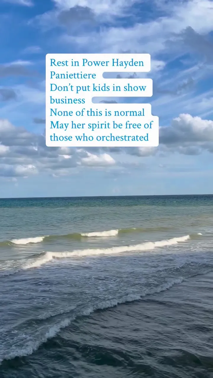 An Instagram post by Rose McGowan calling for an end to child stardom, set against a background of the ocean and sky.