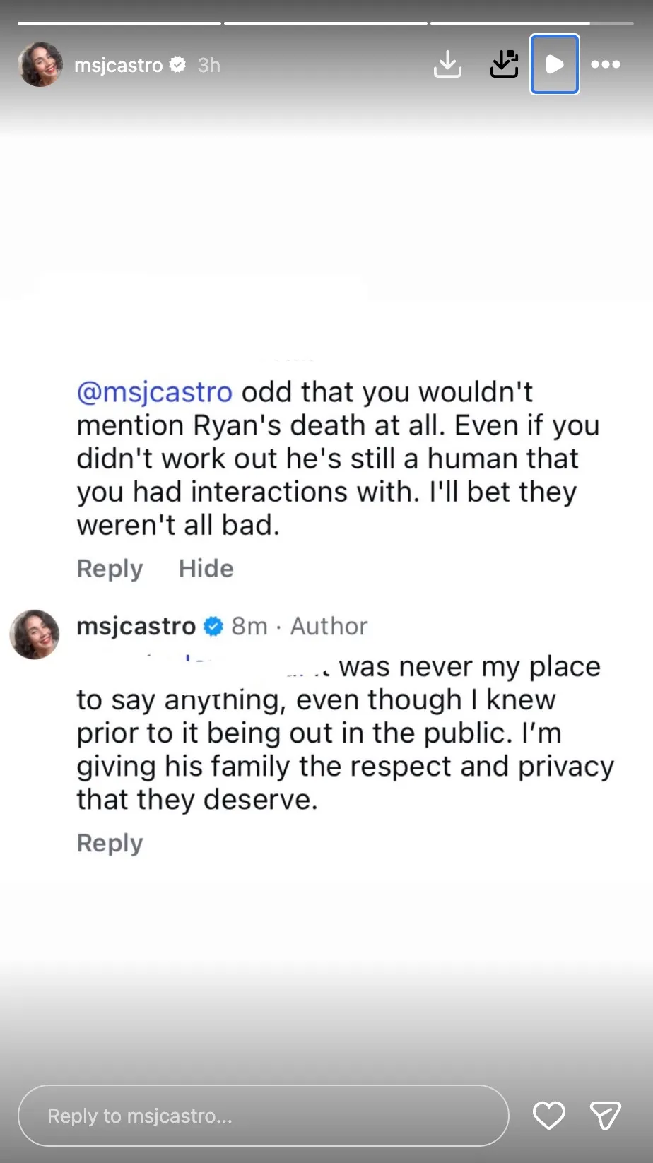 Jessica Castro's Instagram response to a comment about Ryan de Nino's death.