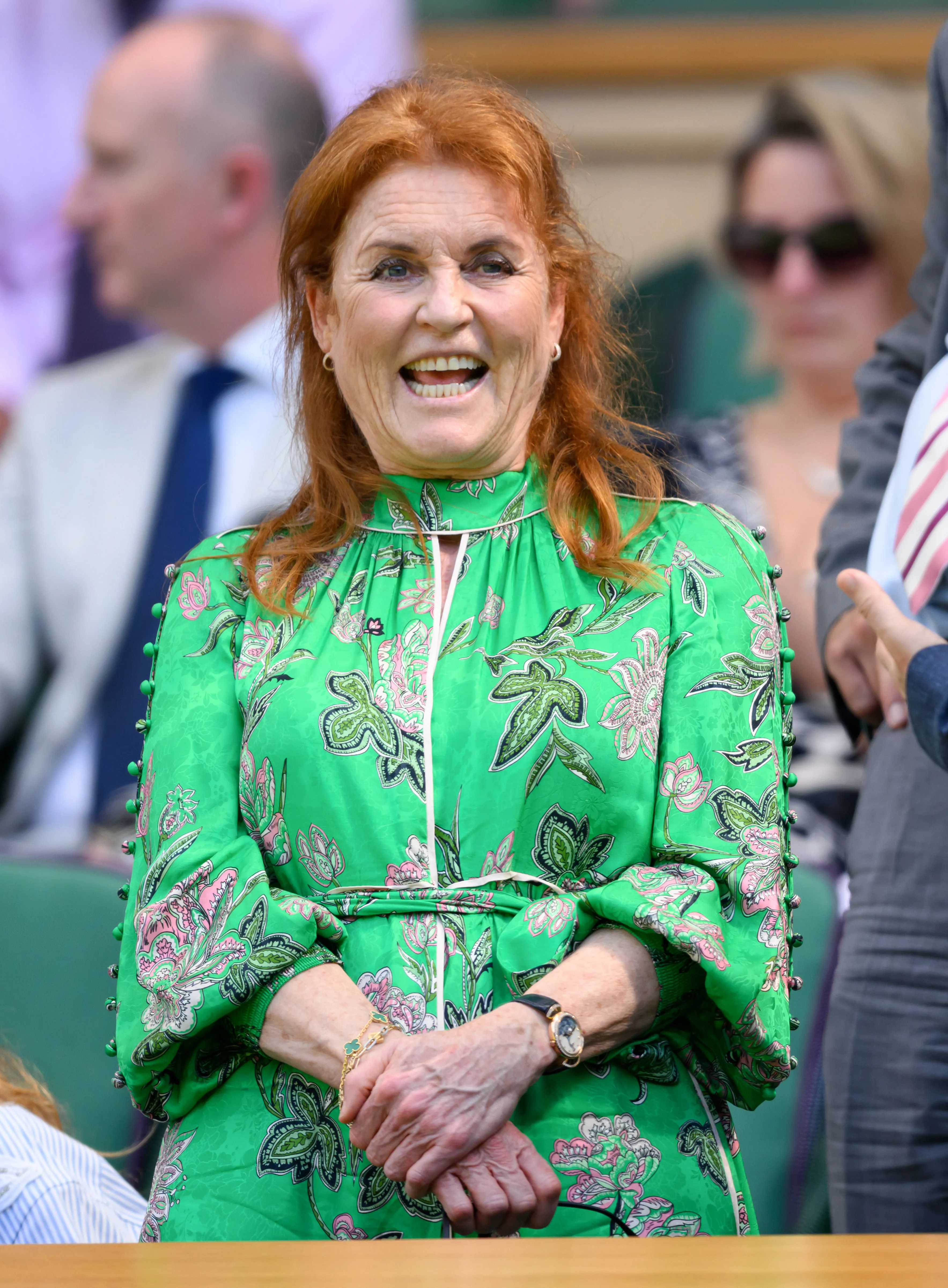 Sarah Ferguson, Duchess of York, smiling at the Wimbledon Tennis Championships.