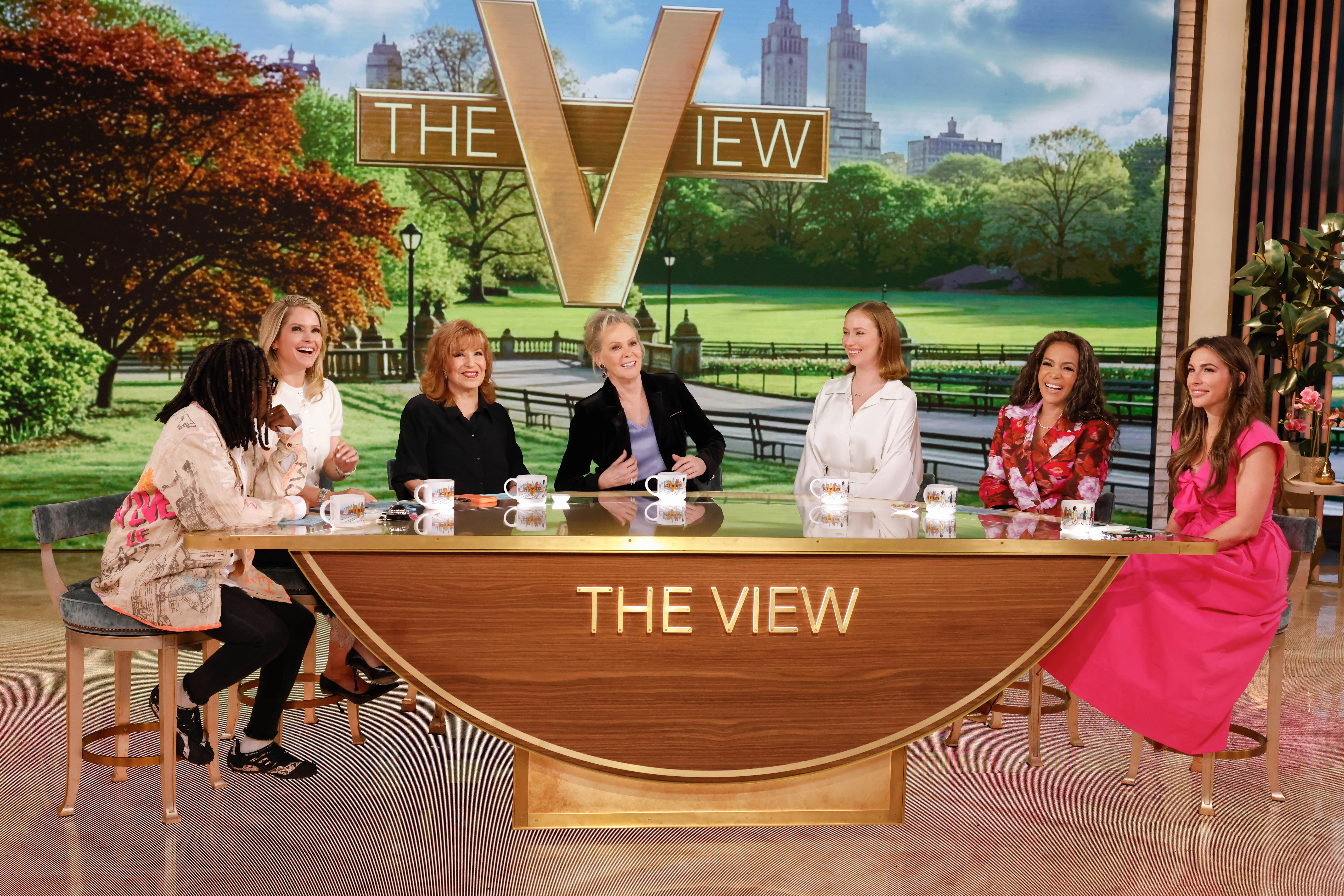 Alyssa Farah Griffin, Whoopi Goldberg, Joy Behar, Jean Smart, Hannah Einbinder, Sunny Hostin, and Sarah Isgur at The View.
