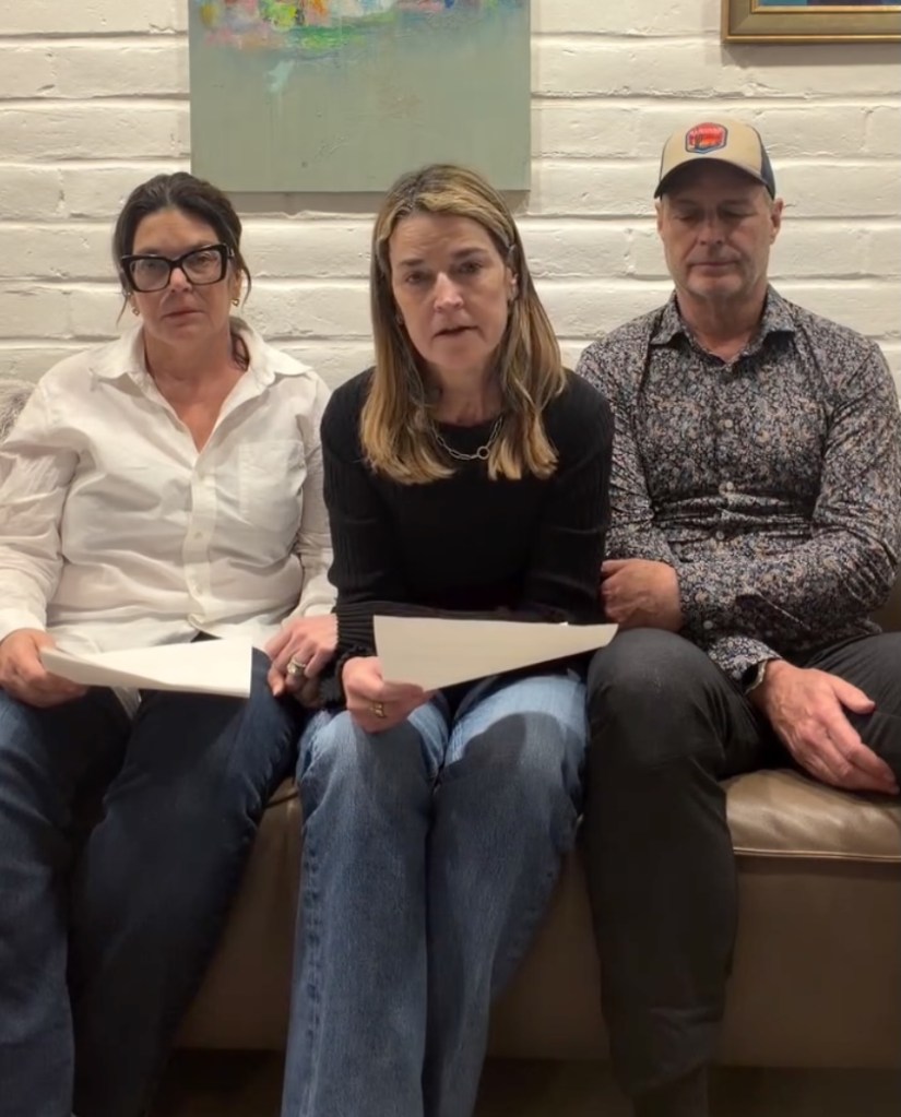 Savannah Guthrie, in a black top and blue jeans, Annie Guthrie, in a white shirt and blue jeans, and Camron Guthrie, in a floral shirt, baseball cap and black jeans.
