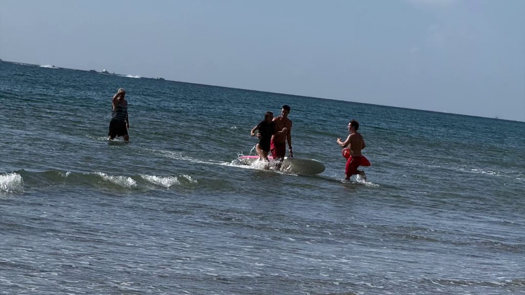 A lifeguard helps a woman out of the ocean next to a beach after a plane crash.