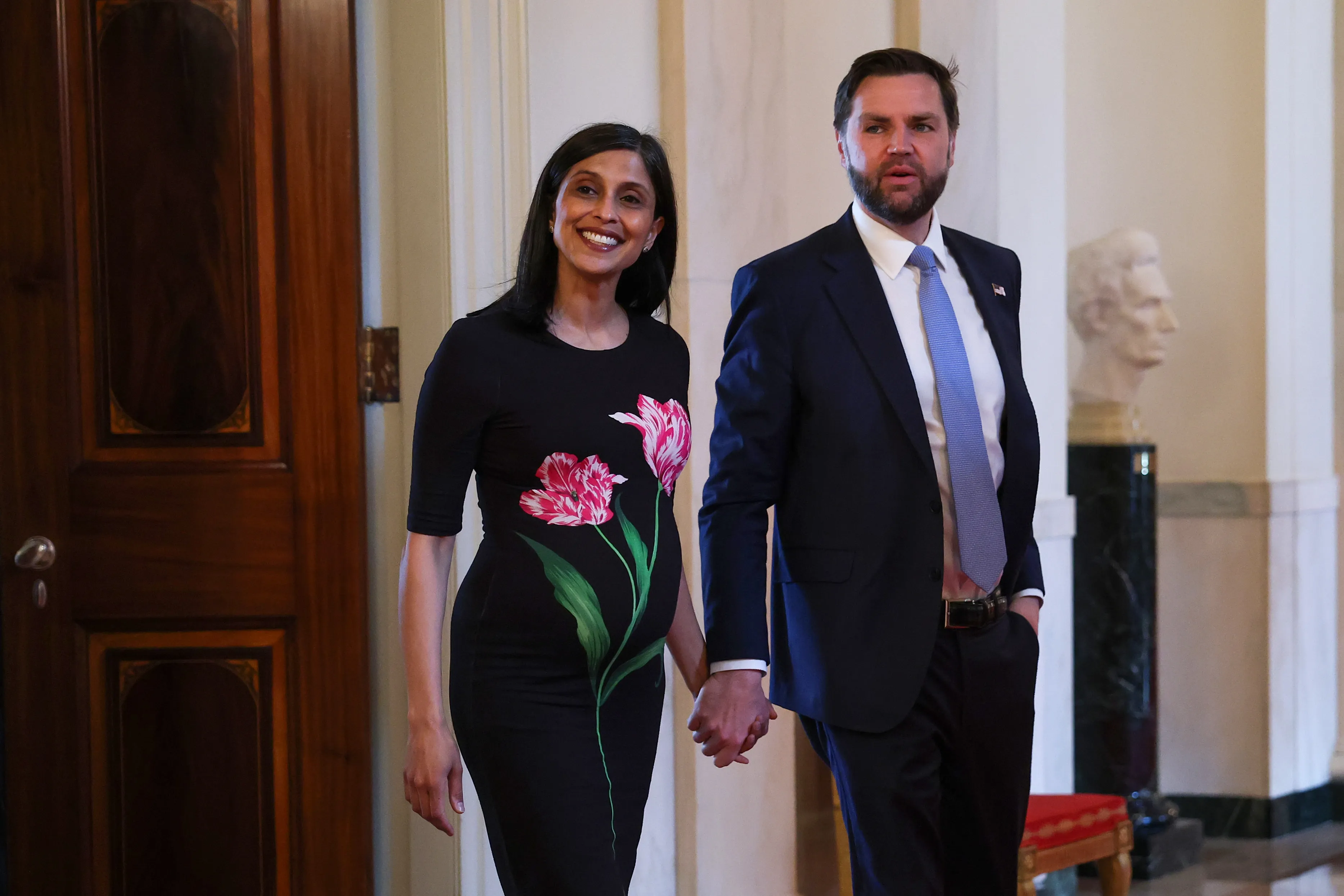 Second Lady Usha Vance and Vice President JD Vance arrive for a military mothers celebration at the White House.