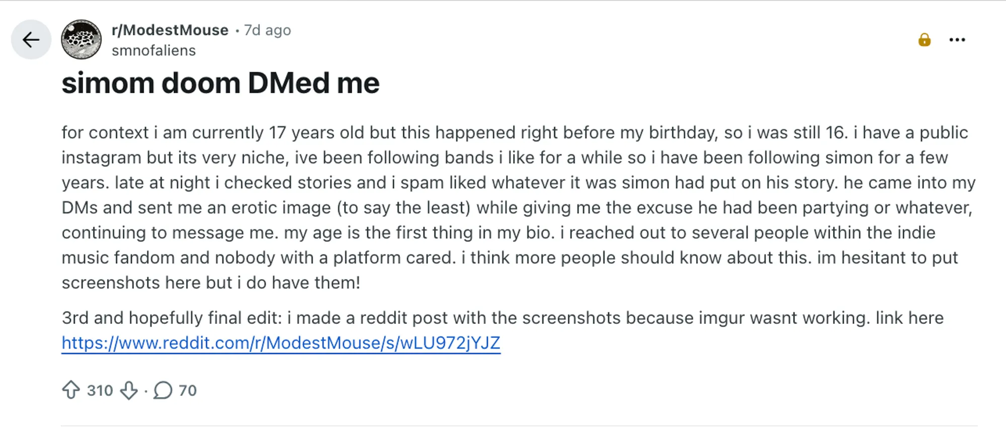 A Reddit post from a 17-year-old fan detailing inappropriate messages received from Modest Mouse guitarist Simon O'Connor.
