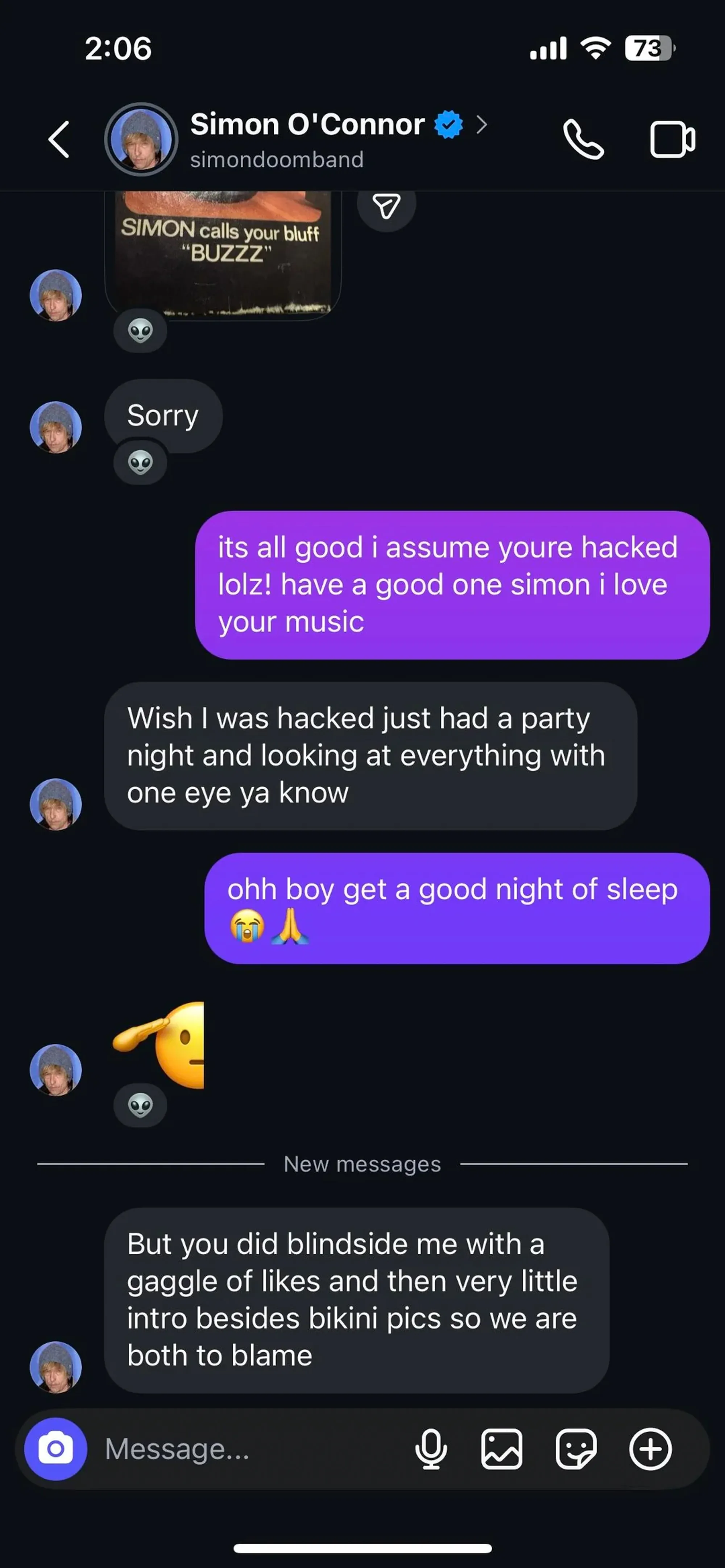 Screenshot of an inappropriate message exchange on Instagram between Simon O'Connor and a fan.