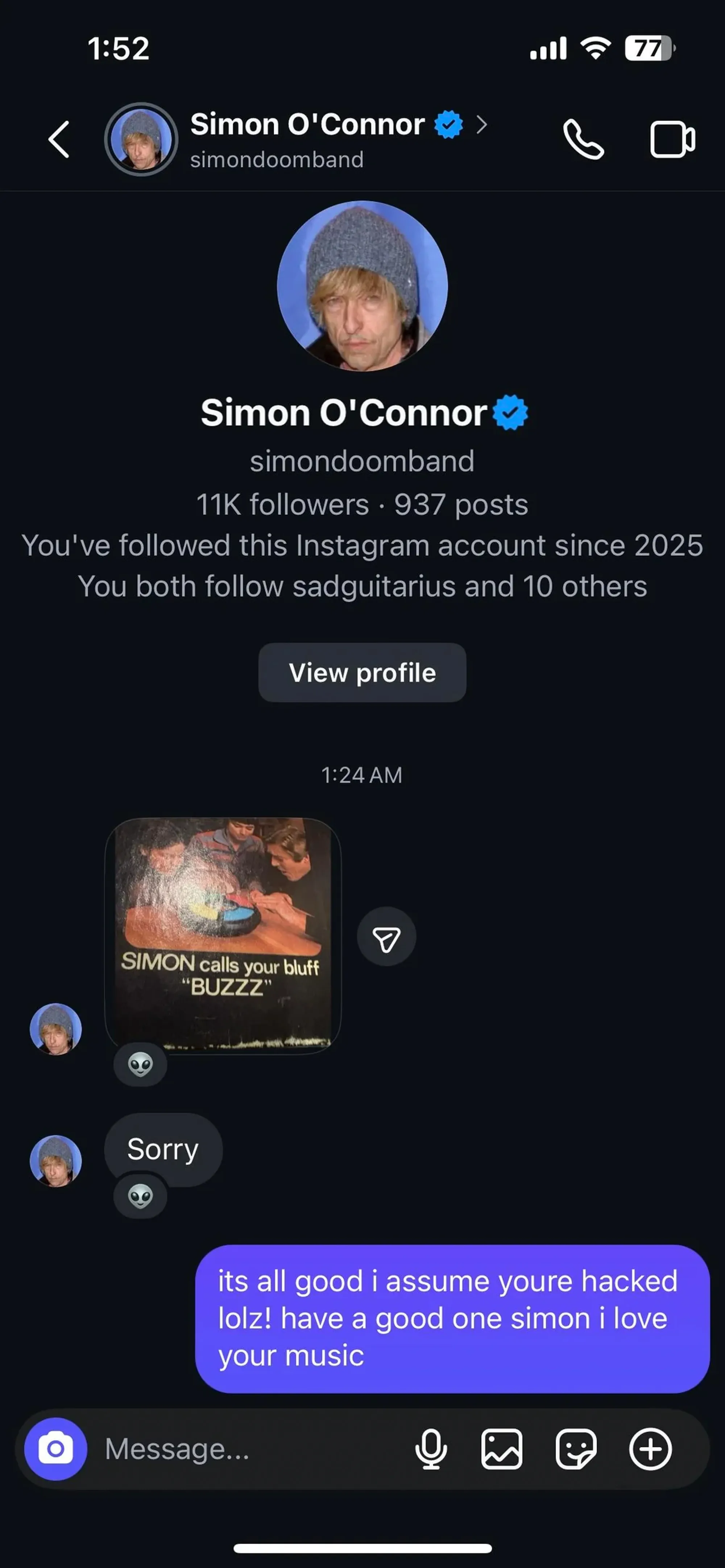 A screenshot of an Instagram direct message conversation between Simon O'Connor and a fan, showing O'Connor sending an album cover and 