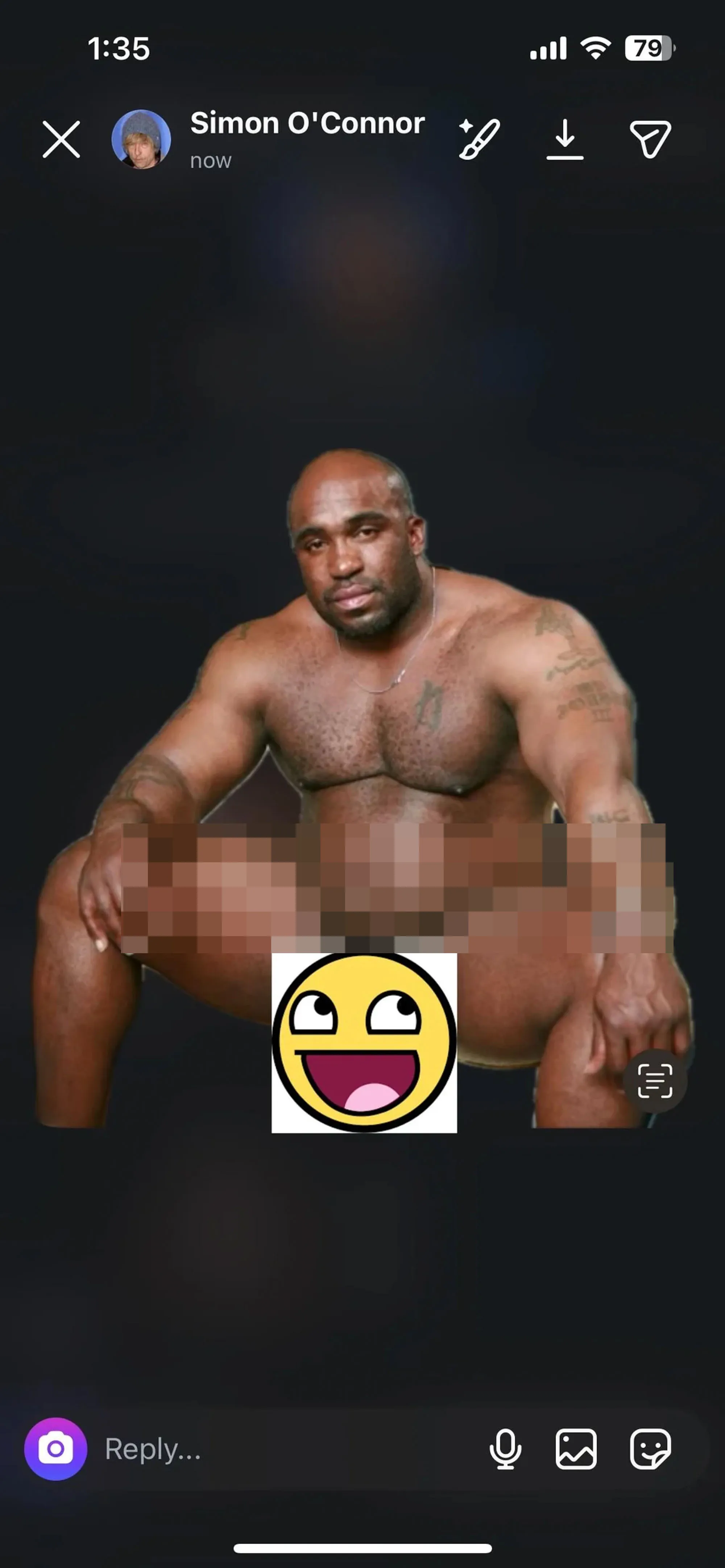 Simon O'Connor's Instagram Story featuring a partially censored image of a muscular man, with a smiley face emoji covering the groin area.