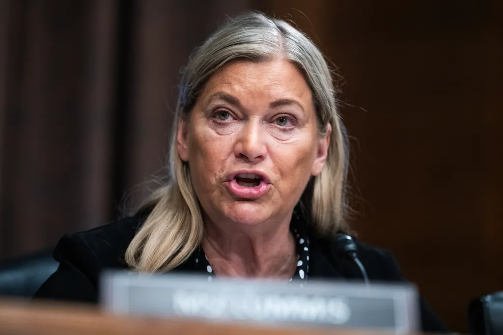 Sen. Cynthia Lummis, R-Wyo., questions Federal Reserve Chairman Kevin Warsh during the Senate Banking, Housing and Urban Affairs Committee hearing in the Dirksen building on Wednesday, July 15, 2026.