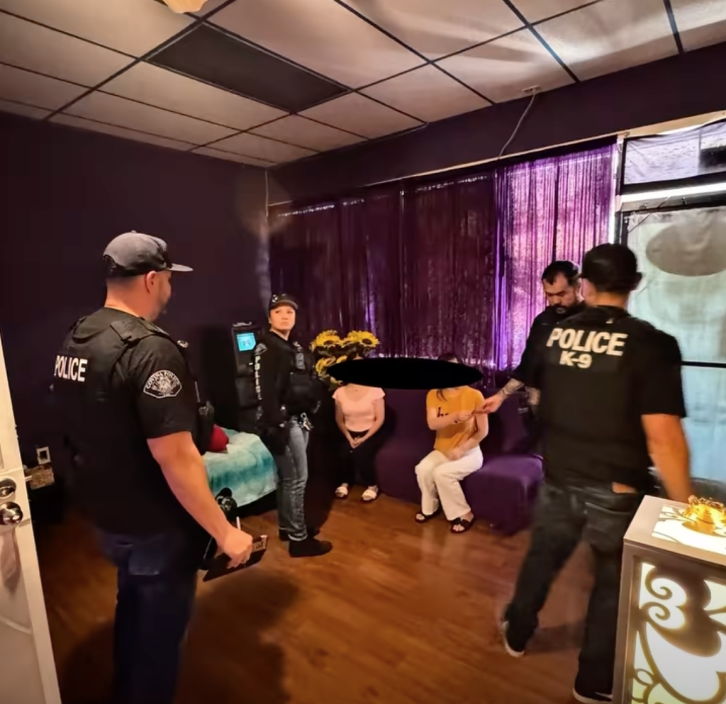 Police officers detaining individuals during an enforcement operation.
