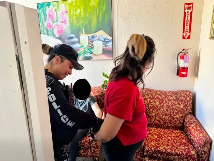 A police officer in a black uniform and cap detains an individual by applying handcuffs, in a room with a patterned red armchair and a 