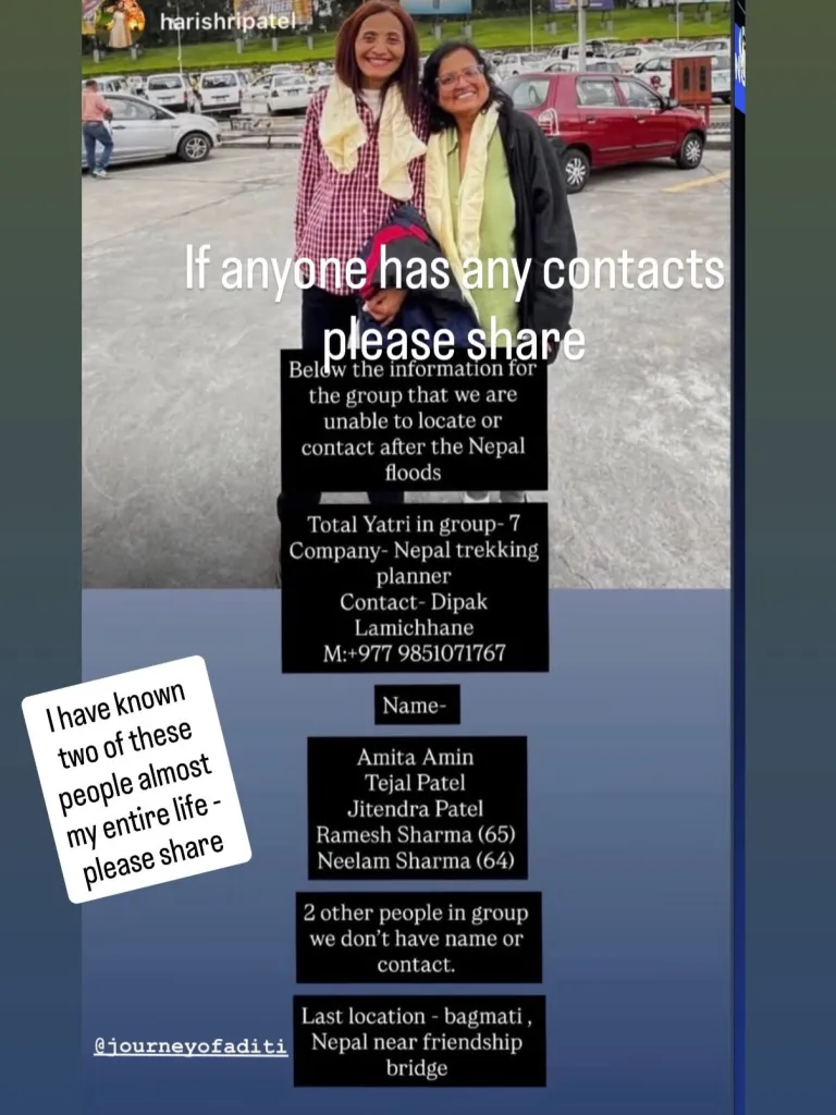 A missing person notice from Nepal floods with details and images of two of the missing.