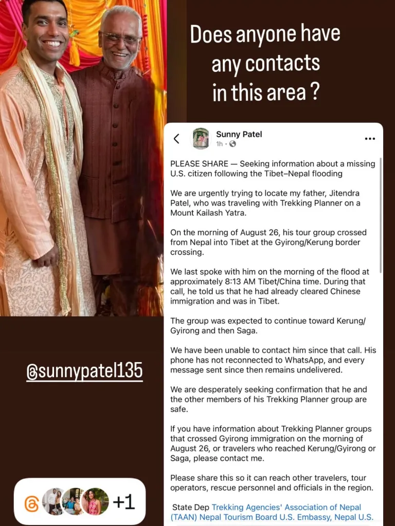 Social media post seeking information about Jitendra Patel, a U.S. citizen missing after the Tibet-Nepal flooding, featuring a photo of a young man and an older man.