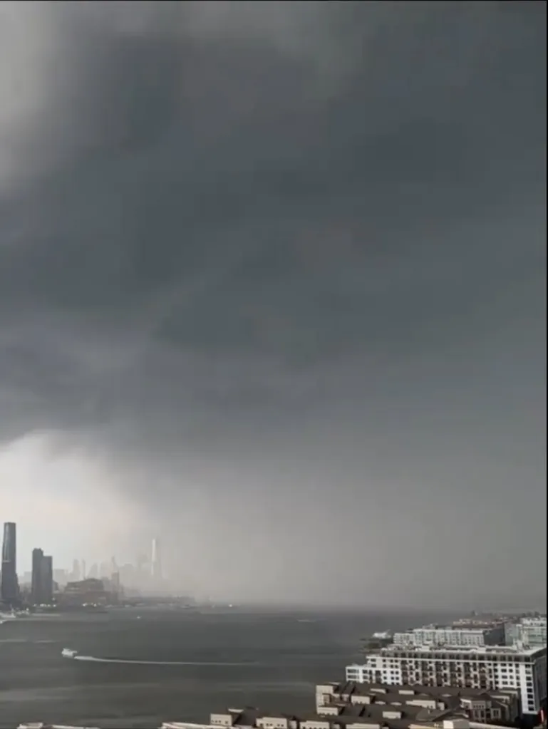 Dark storm clouds gathering over a city skyline and body of water.