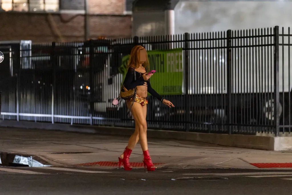 A sex worker in red heels and a revealing outfit walks along Cozine Avenue.