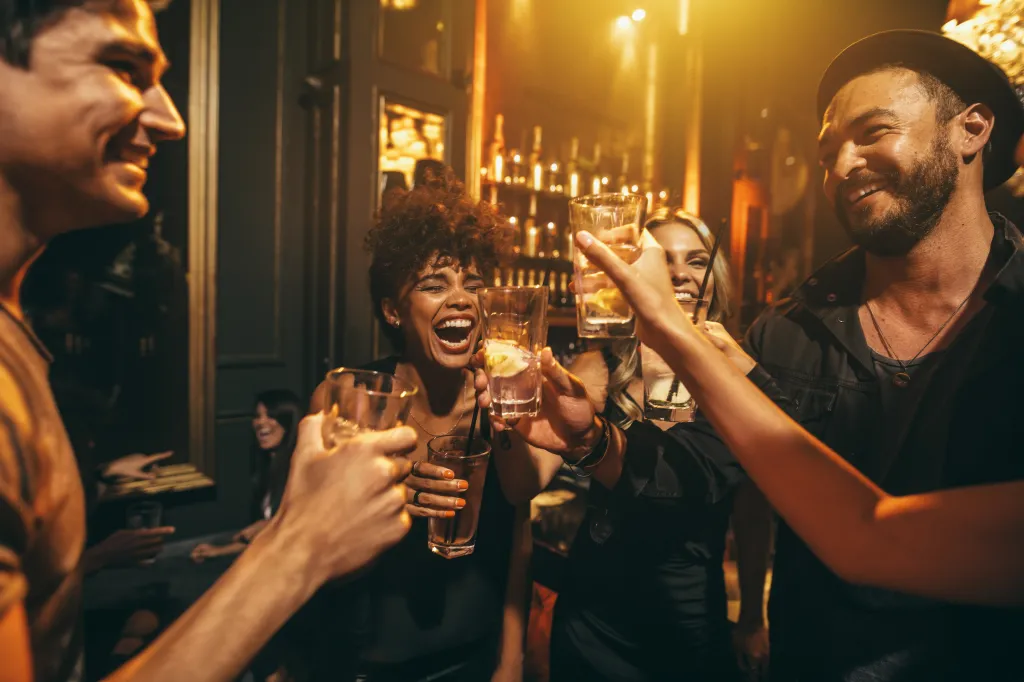 A group of friends toasting drinks at a party.