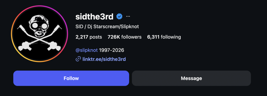 Screenshot of Sid Wilson's Instagram profile showing 