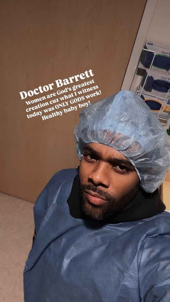 Singer Mario in a hospital gown and hairnet, celebrating the birth of his baby boy.