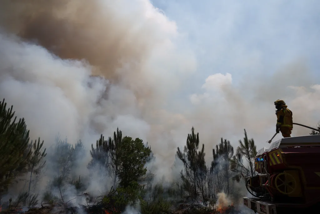 A firefighter in yellow gear stands on top of a red fire truck, directing a hose towards a tactical fire in a forest with heavy smoke.