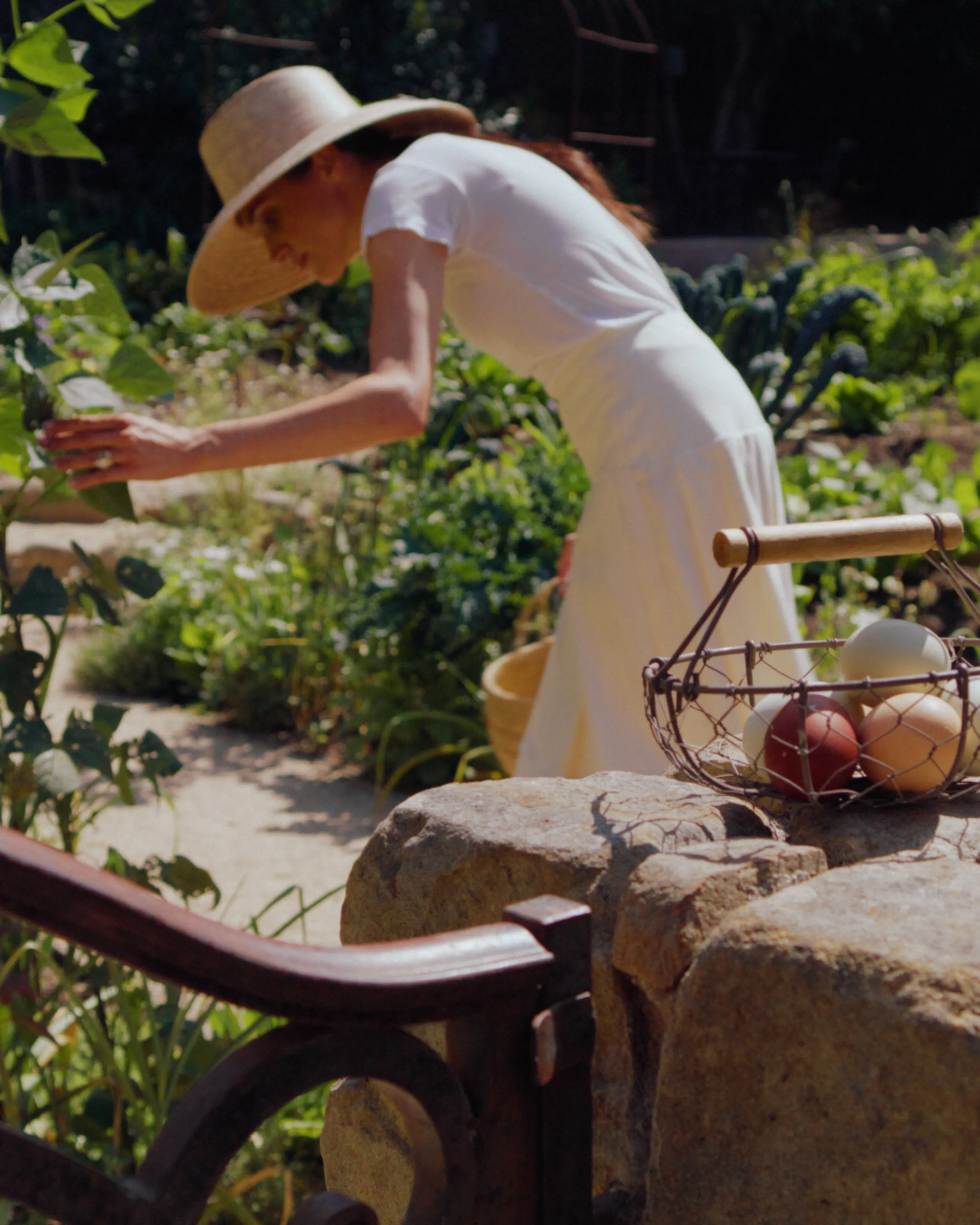 Meghan Markle in a sun hat, collecting vegetables in a garden, with a basket of eggs in the foreground.