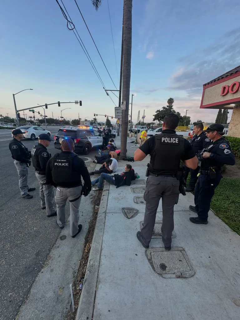 Police officers standing around several individuals sitting on a sidewalk, next to a police car with flashing lights.