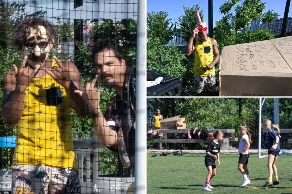 Phallic-masked sicko, unhinged vagrants terrorize young girls at soccer practice at NYC park