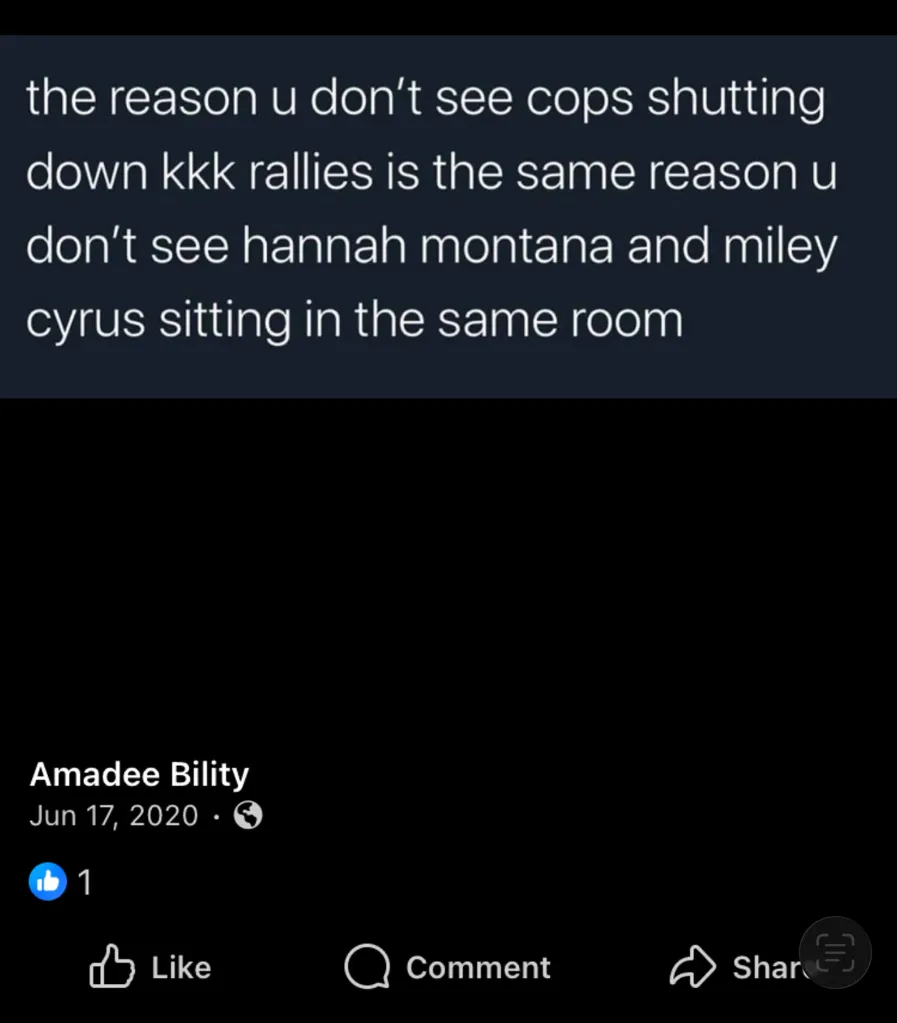 A social media post by Amadee Bility comparing cops to the KKK.