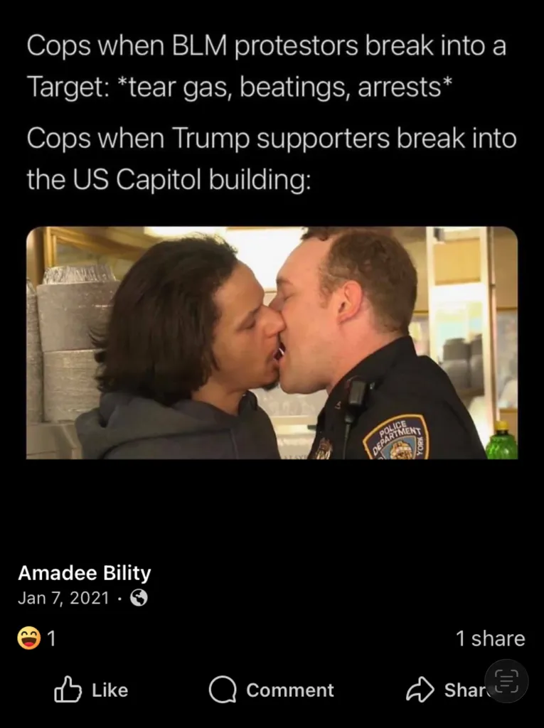 A Facebook post by Amadee Bility showing text comparing police responses to BLM protestors and Trump supporters, with an image of a police officer kissing a civilian.