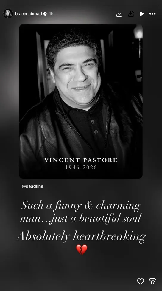 Black and white photo of Vincent Pastore, with text