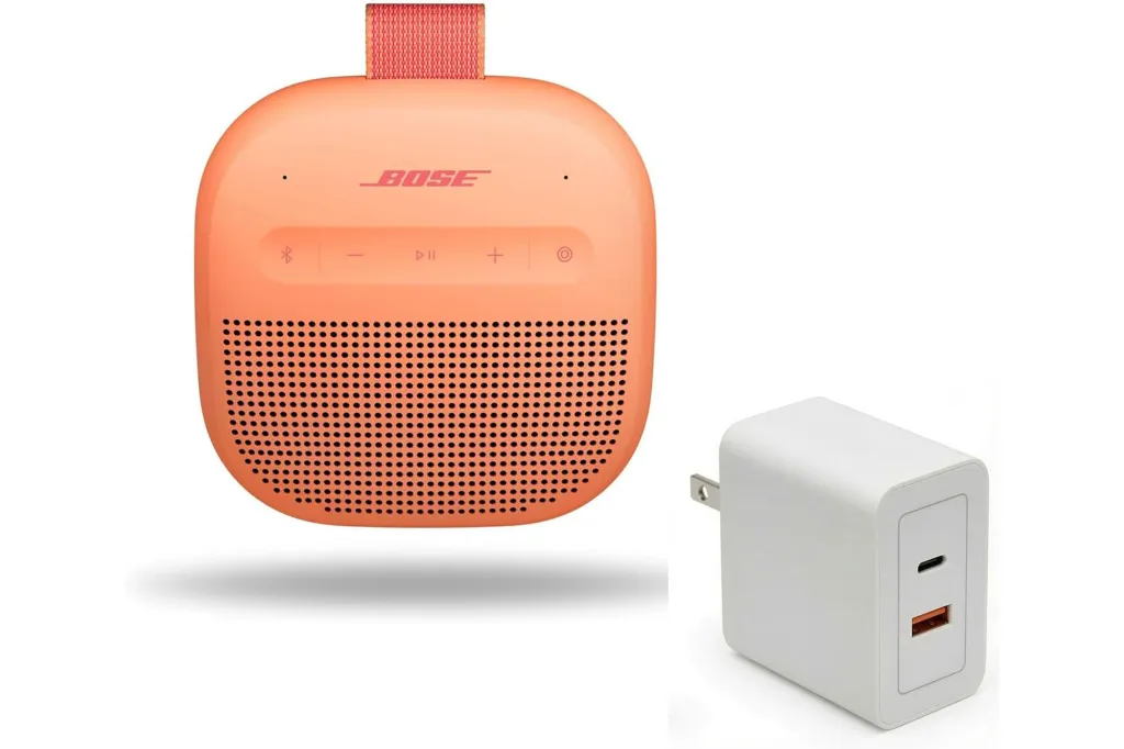 A collage of an orange Bose SoundLink speaker and a white USB wall charger.