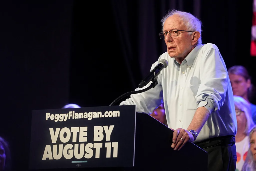 Senator Bernie Sanders speaks at a campaign rally for Minnesota Lieutenant Governor Peggy Flanagan.