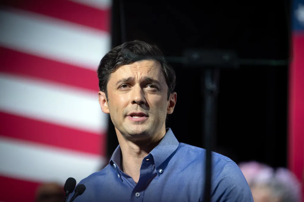 Sen. Jon Ossoff (D-Ga.) speaks to a crowd at a rally on Sunday, August 16, 2026, in Atlanta, Georgia.