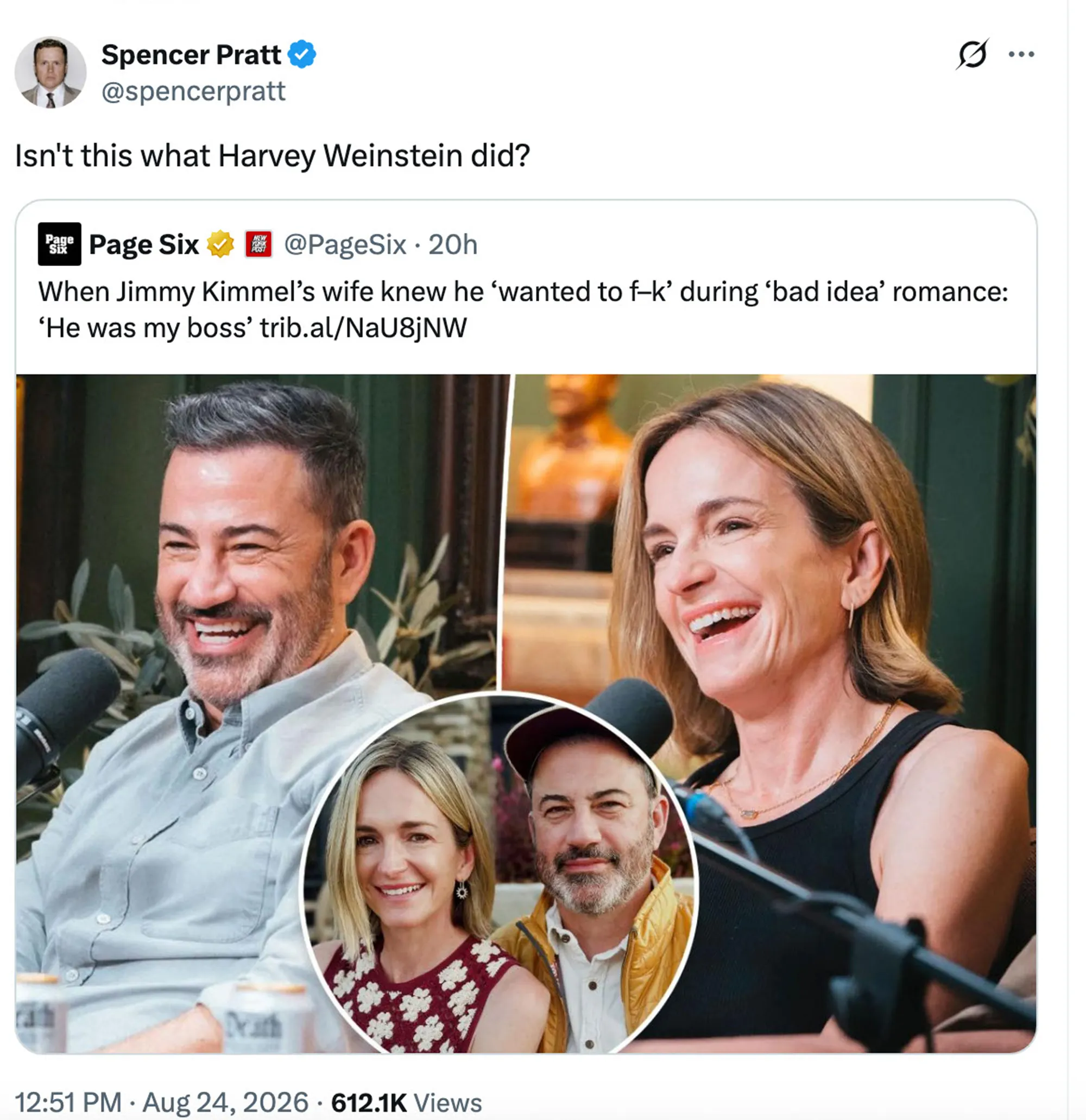 A collage of three photos showing Jimmy Kimmel and his wife, Molly McNearney, with a Page Six headline about their past relationship and a tweet from Spencer Pratt.