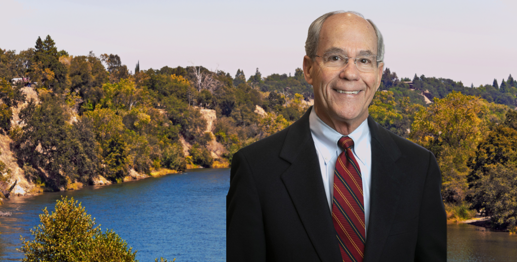 Collage of California State Senator Roger Niello and a body of water surrounded by trees.