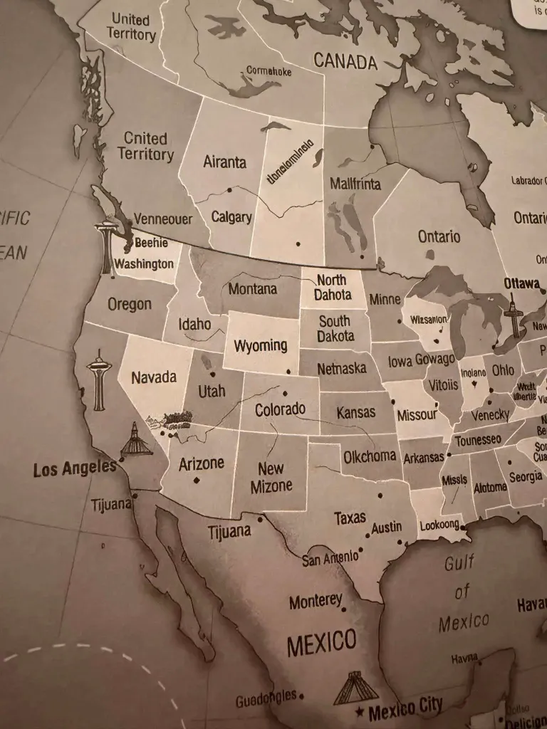 Illustration of a North American map with AI-generated misspellings and geographical errors.