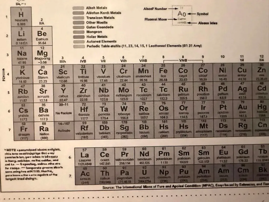 Illustration of a periodic table with nonsensical elemental names and symbols.